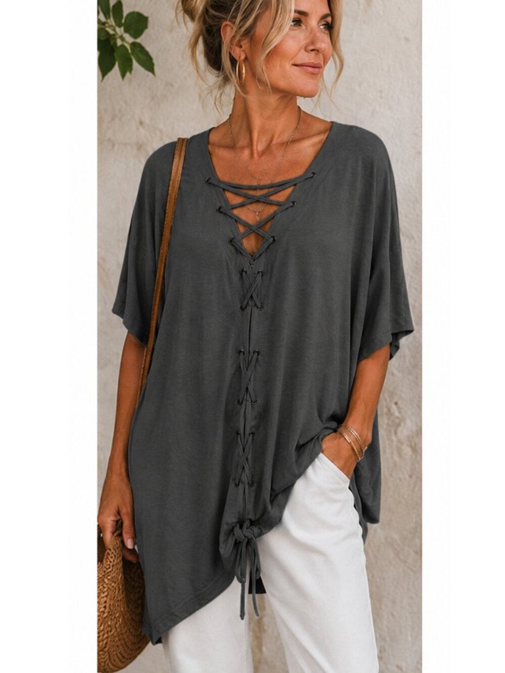 B69 Loose Fit S/s Knit Tunic Top With Criss Cross Front in Graphic Grey NEW